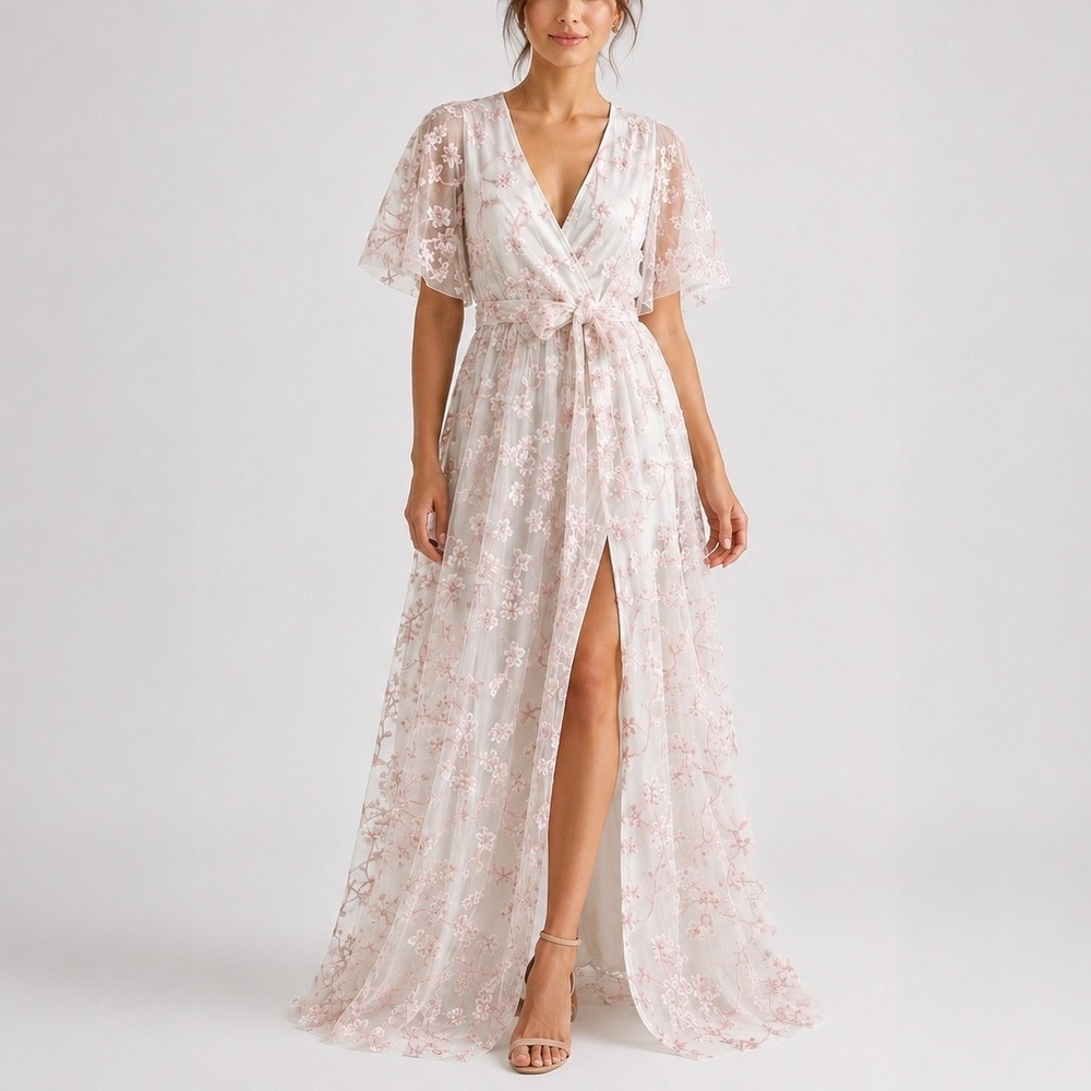Baltic Born Marseille Embossed Maxi Dress S White Pink Cherry Blossom